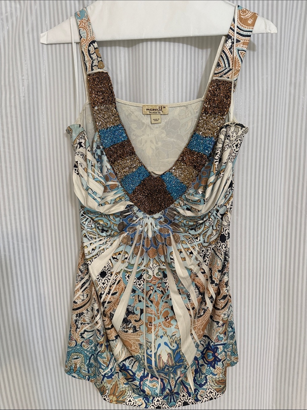 ONE WORLD Beaded V-Neck Printed Camisole in Cream, Blue, Brown